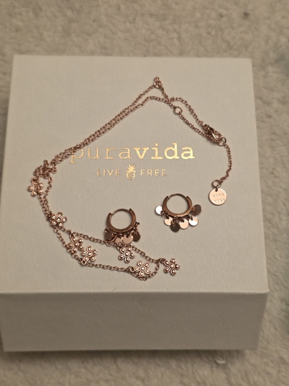 Pura Vida Rose Gold Floral Necklace and Hoop Charm Earrings